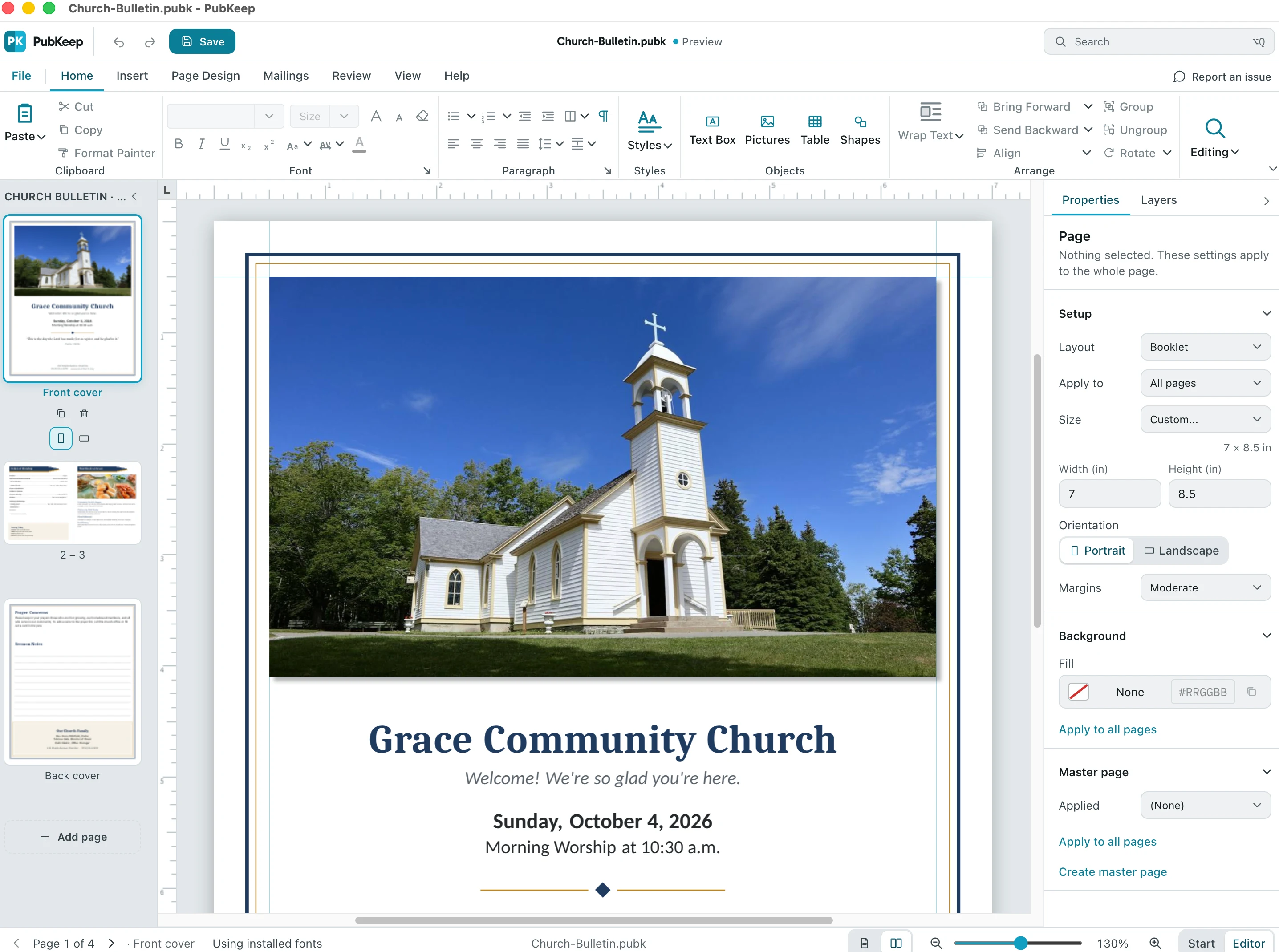 PubKeep editing a four-page church bulletin opened from a .pub file
